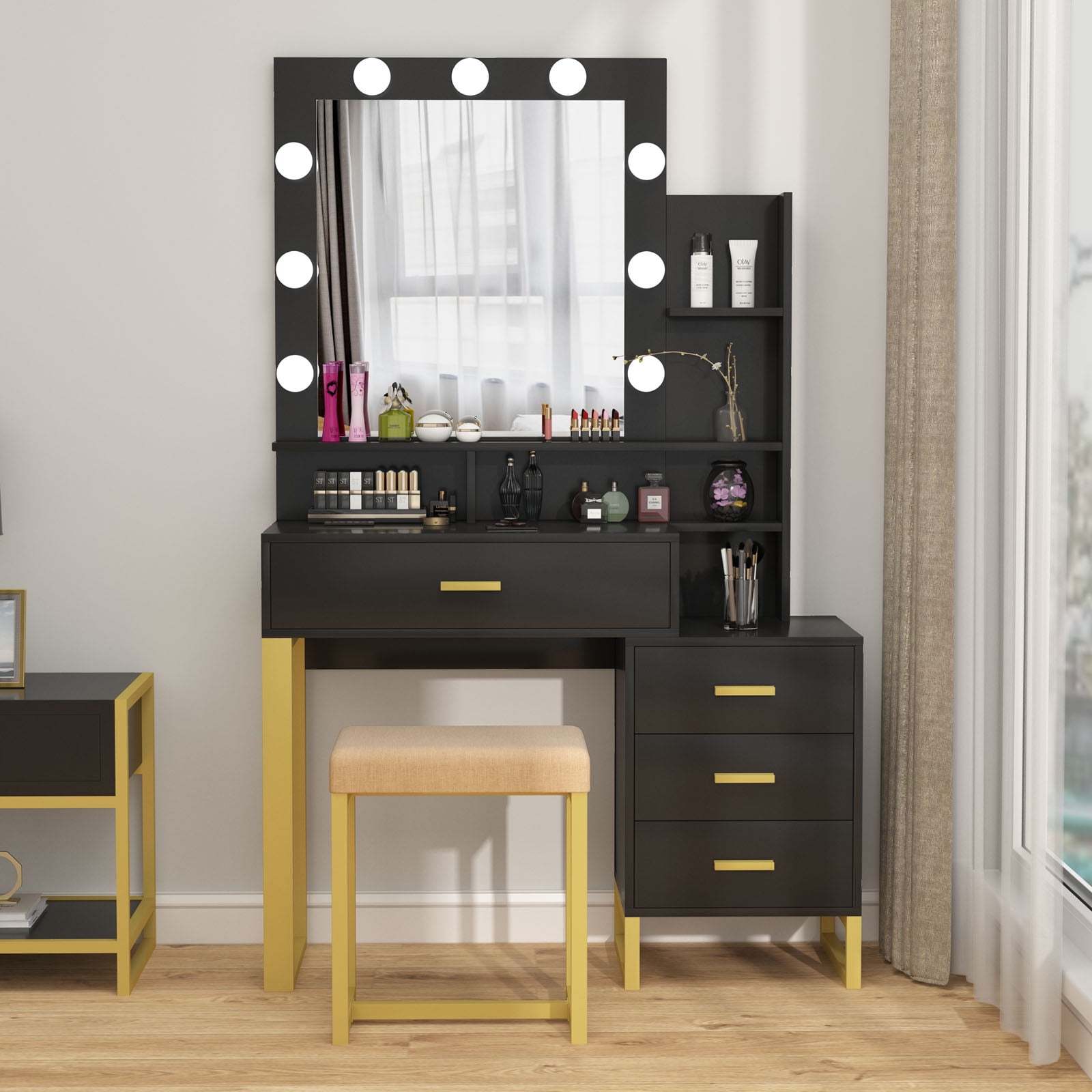 Karl home Vanity Set Makeup Vanity Table with LED Lights Lighted Vanity  Table with Open Shelves, Drawers, Cushioned Stool, Black & Gold – Built to  Order, Made in USA, Custom Furniture –