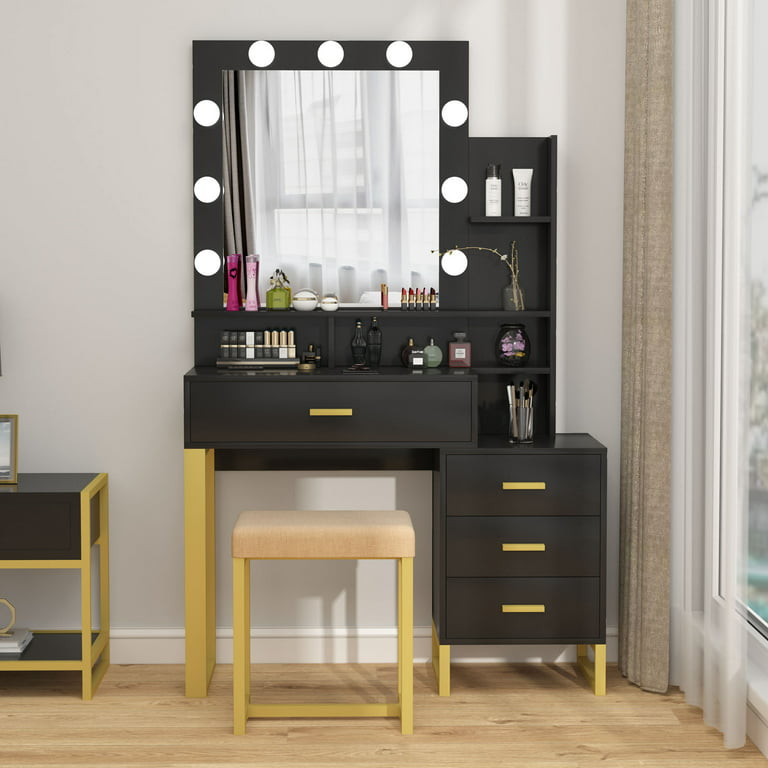 Vanity Set with Mirror and Lights, Makeup Vanity Dressing Table with LED Light, Drawers, Storage Shelves and Cushioned Stool, Small Vanity Desk for Bedroom by TZUTOGETHER (Black) - Walmart.com