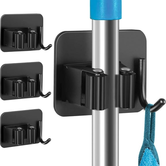 D-buy 4-Pack Self-Adhesive Broom Holder with Hook, Broom Holder Wall Mount, Improved Broom Holder, Super Anti-Slip Mop, Broom Hanger Gripper for Kitchen, Bathroom, Closet, Garden Garage(Black)