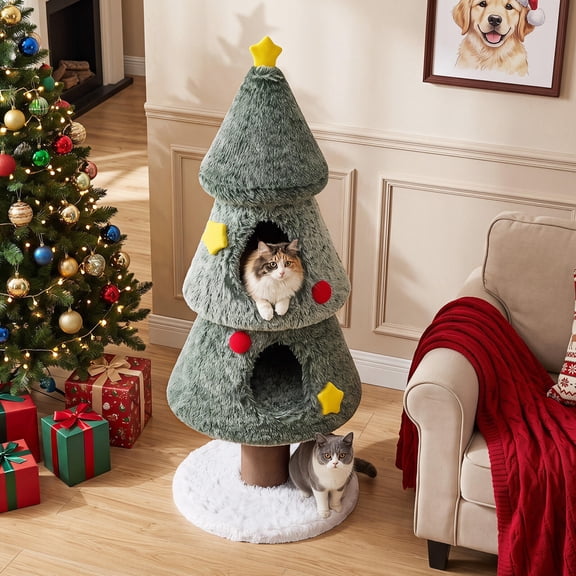 Green Christmas Cat Tree with 2 Condos, Scratching Post, Decorative Stars and Balls
