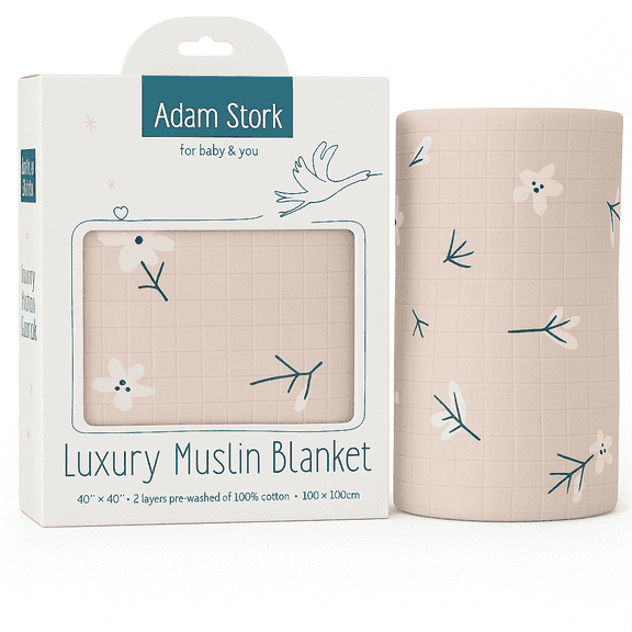 ADAM STORK FOR BABY AND YOU Pink Muslin Swaddle Blanket - Organic Cotton - Floral Design - 40 x 40