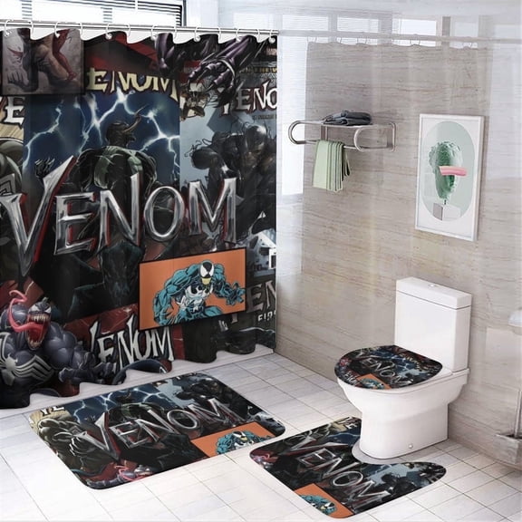 Venom 4PCS Shower Curtain Bathroom Set with Rugs, Toilet Lid Cover And Bath Mat, Shower Curtain with 12 Hooks, Durable Bathroom Decor Set