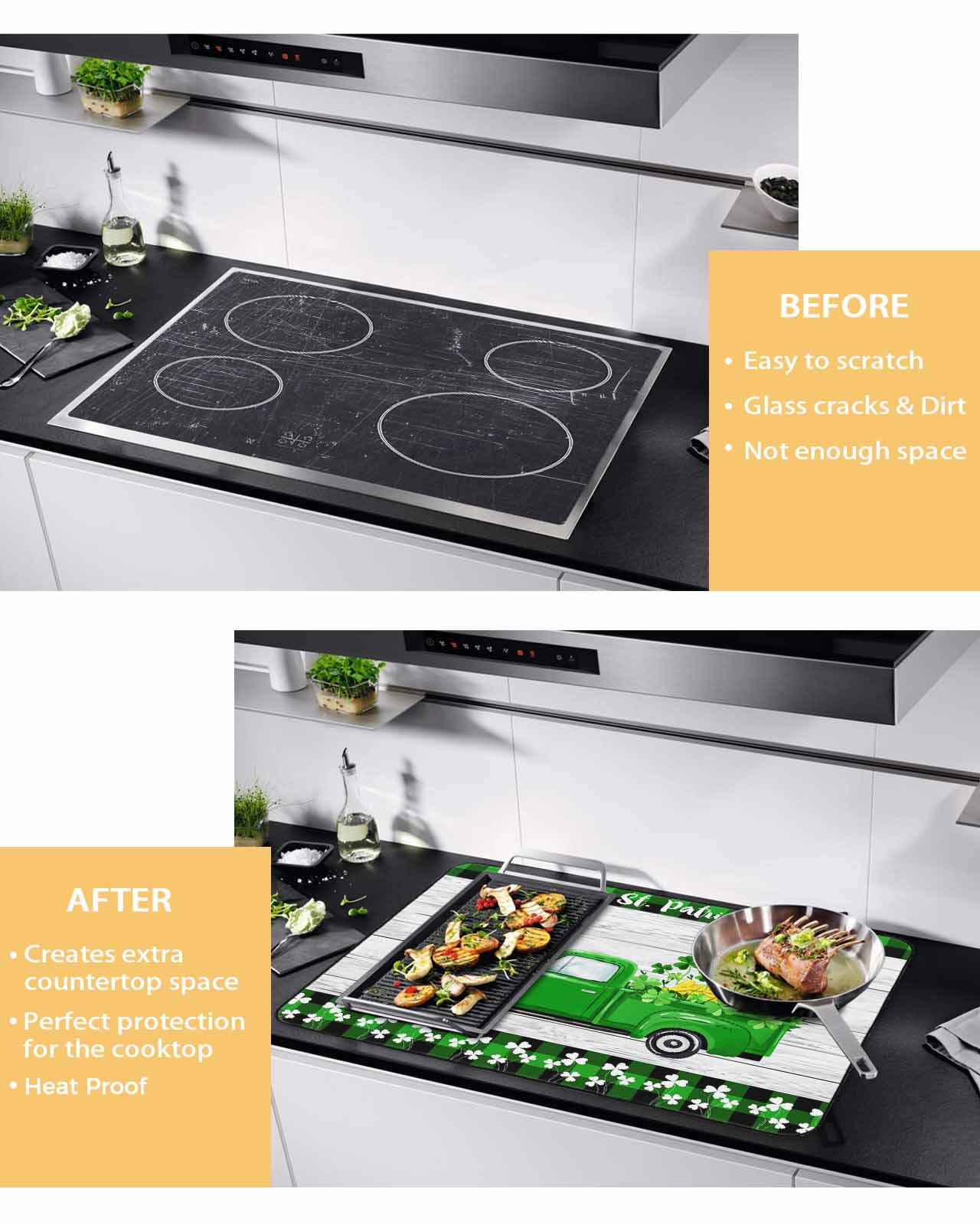 Large Induction Cooktop Protector Mat St. Patrick's Day Stove Top Covers for Electric Stove, Spring Lucky Grass Truck Gray Wood Plaid Decorative Stove Burner Cover Mats, Glass Top Stove Cover