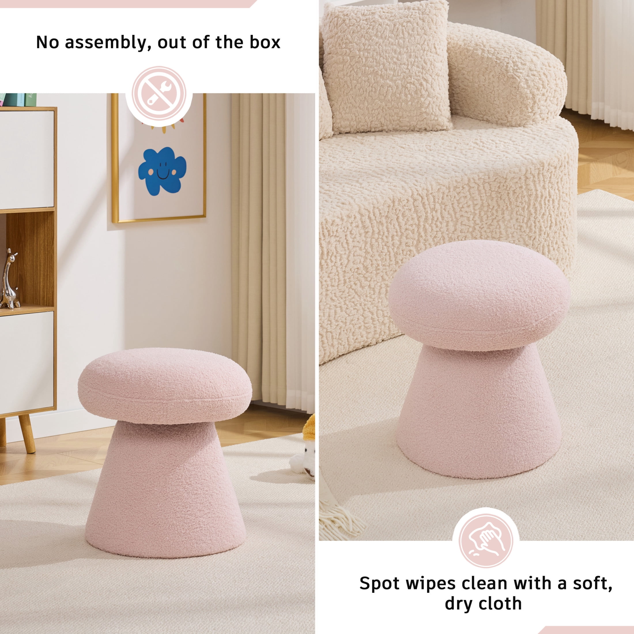 Noble House Arvion 360° Swivel Mushroom Ottoman, Round Teddy Vanity Footrest Dressing Chair for Living Rooms, Pink