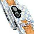 thumbnail image 2 of Cute Orange Cat with Fish Glasses Phone Case, Playful Cartoon Kitten on Blue and White Checkered Background, iPhone 16 15 14 13 12 11 Pro Max Mini Cover, 2 of 6