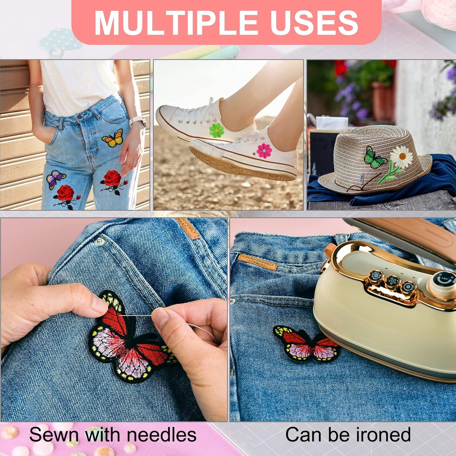 100 Pieces Flower Butterfly Iron/Sew on Patches Sunflower Cute Embroidered Applique Rose Patches for Clothing Large Colorful Decorative Daisy Repair Clothes Dress Hat Jeans DIY