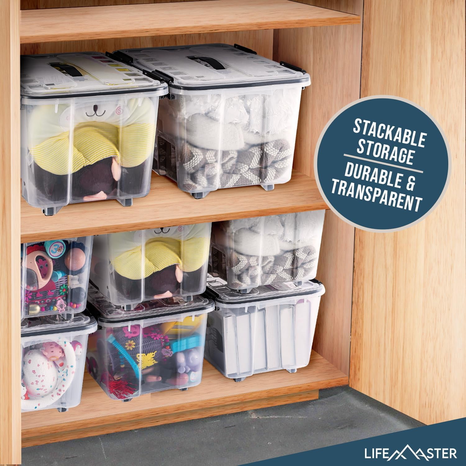 Stackable Storage Boxes - Clear Plastic, Black Seal, Modular Design 12 Quarts
