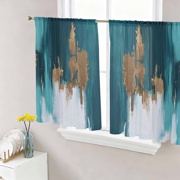 Sheer Curtains 45 Inch Length 2 Panels Set for Kitchen, Abstract Teal Green Semi Sheer Curtains for Windows, White Gold Textured Art Voile Window Treatments Rod Pocket Curtain