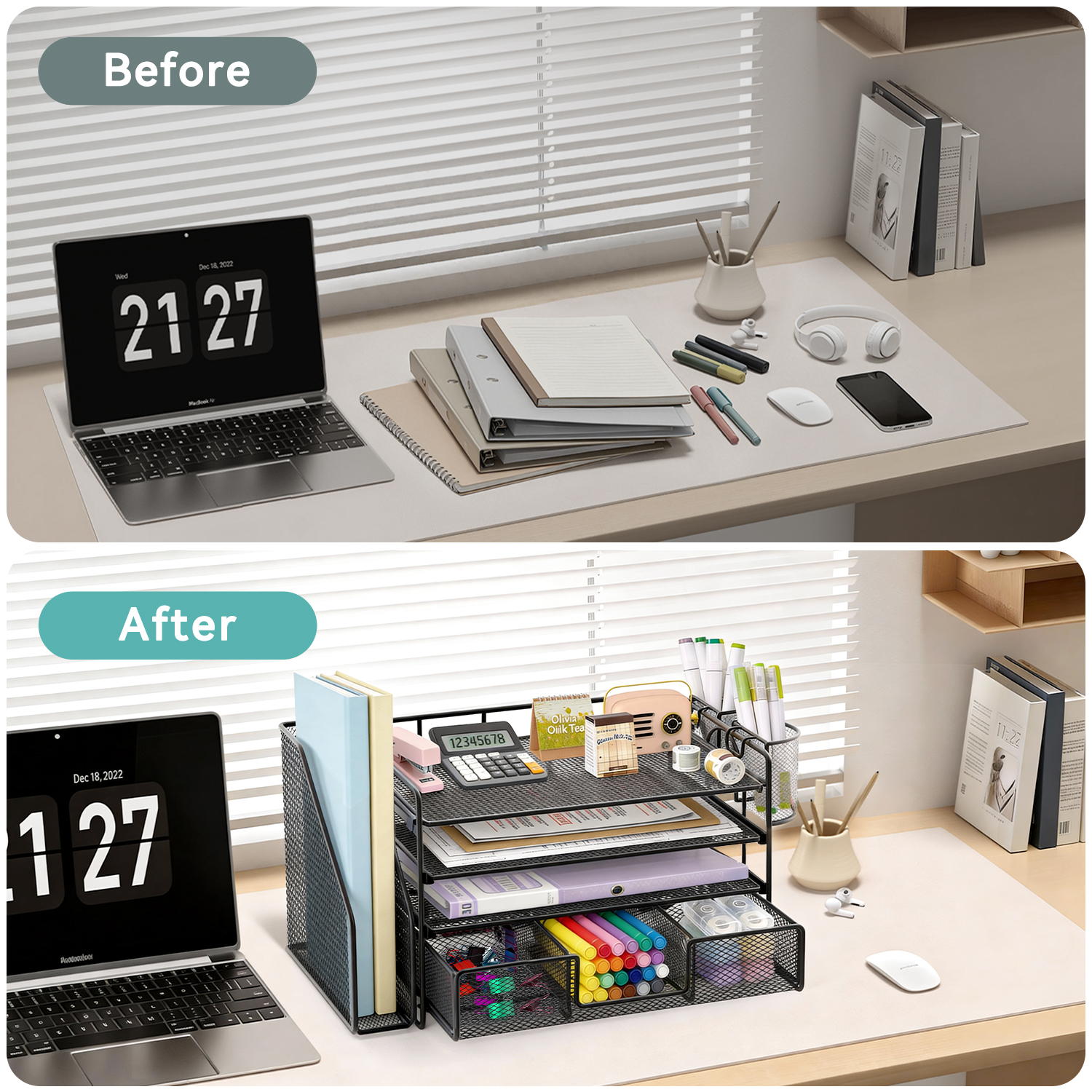 Desk Organizer and Accessories, 4-Tier Desktop File Organizer with Drawer and 2 Pen Holders, Office Desk Accessories & Workspace Organizers (Black)