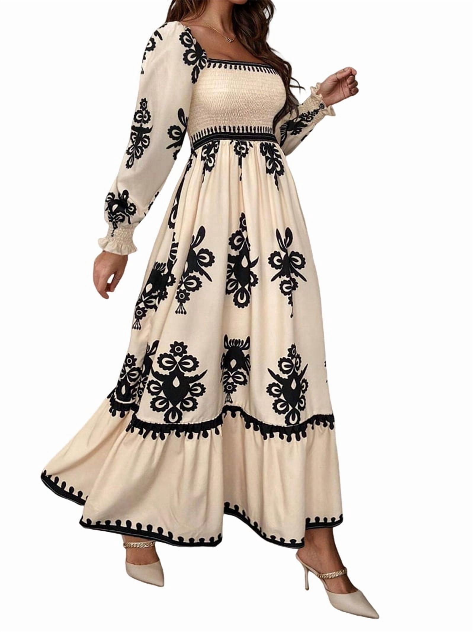 Women'S Autumn Wedding Guest Dress Bohemian Floral Long Sleeve V-Neck Flowing Elegant Maxi Dress Beachwear S