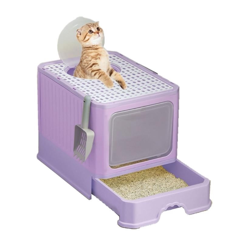 Yiran Fully Enclosed Foldable Drawer Type Cat Litter Box, Purple