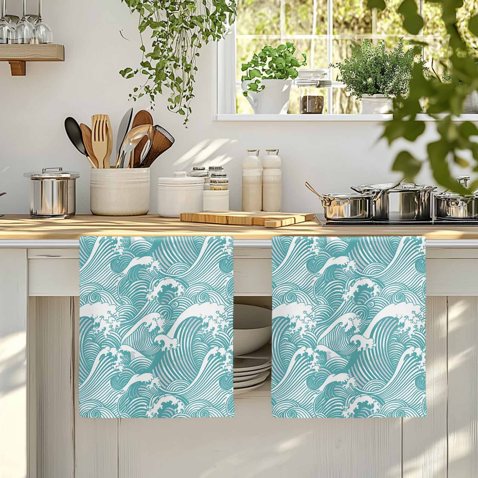 Dish Towels, Turquoise Waves Absorbent Kitchen Towels 2 PCS, Ocean Lines Stripes Microfiber Hand Towels Dish Cloths Tea Towels for Home&nbsp;Bathroom Cleaning Drying,18X28-Inch,