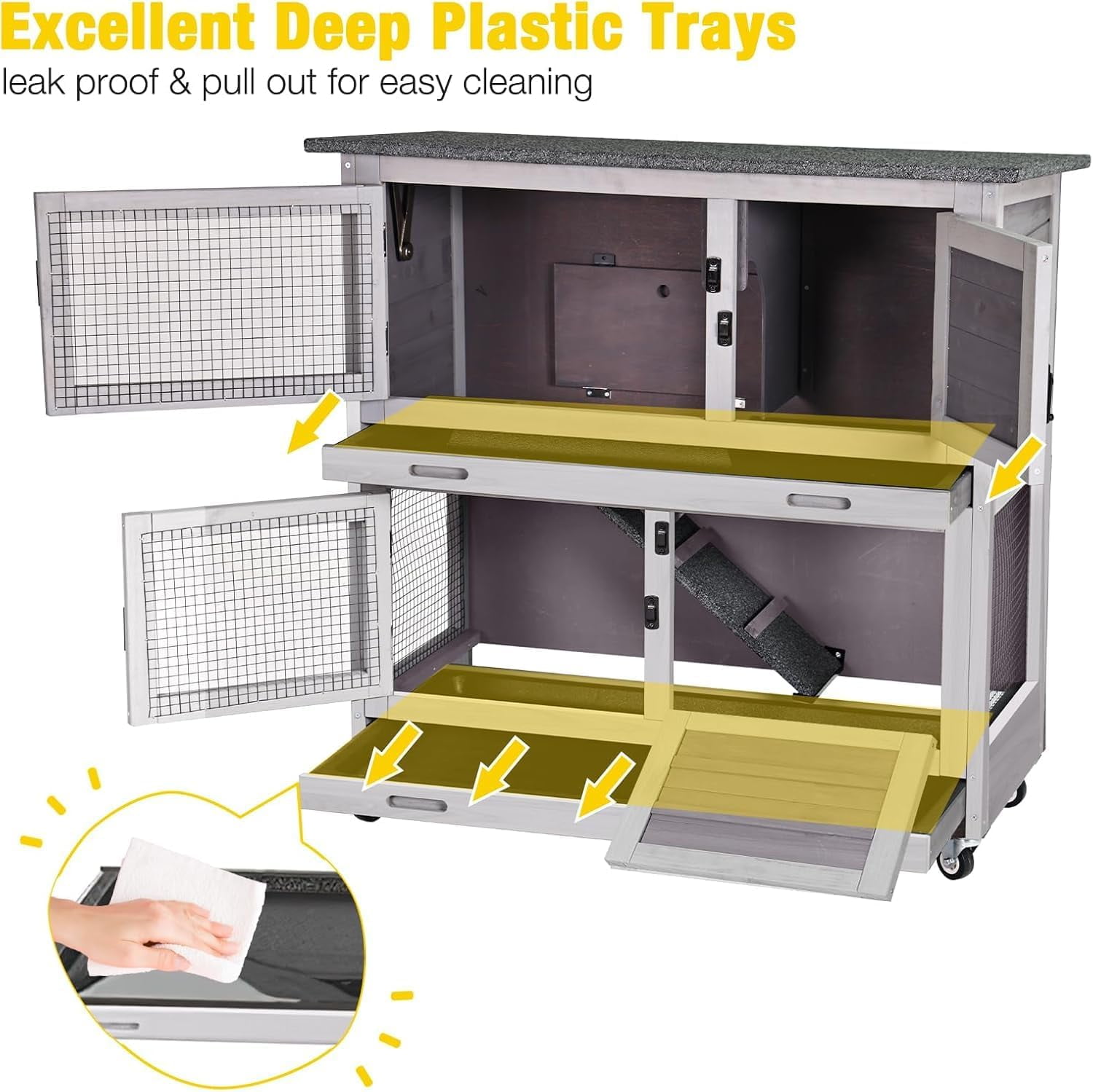 Aivituvin Rabbit Hutch Indoor Bunny Cage Outdoor 2 Story Pet House Guinea Pig Cage on Wheels 36" L