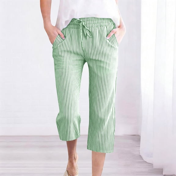 Womens Pants Elastic Stripe Pants Casual Loose Straight Cropped with Pocket Pants Green S