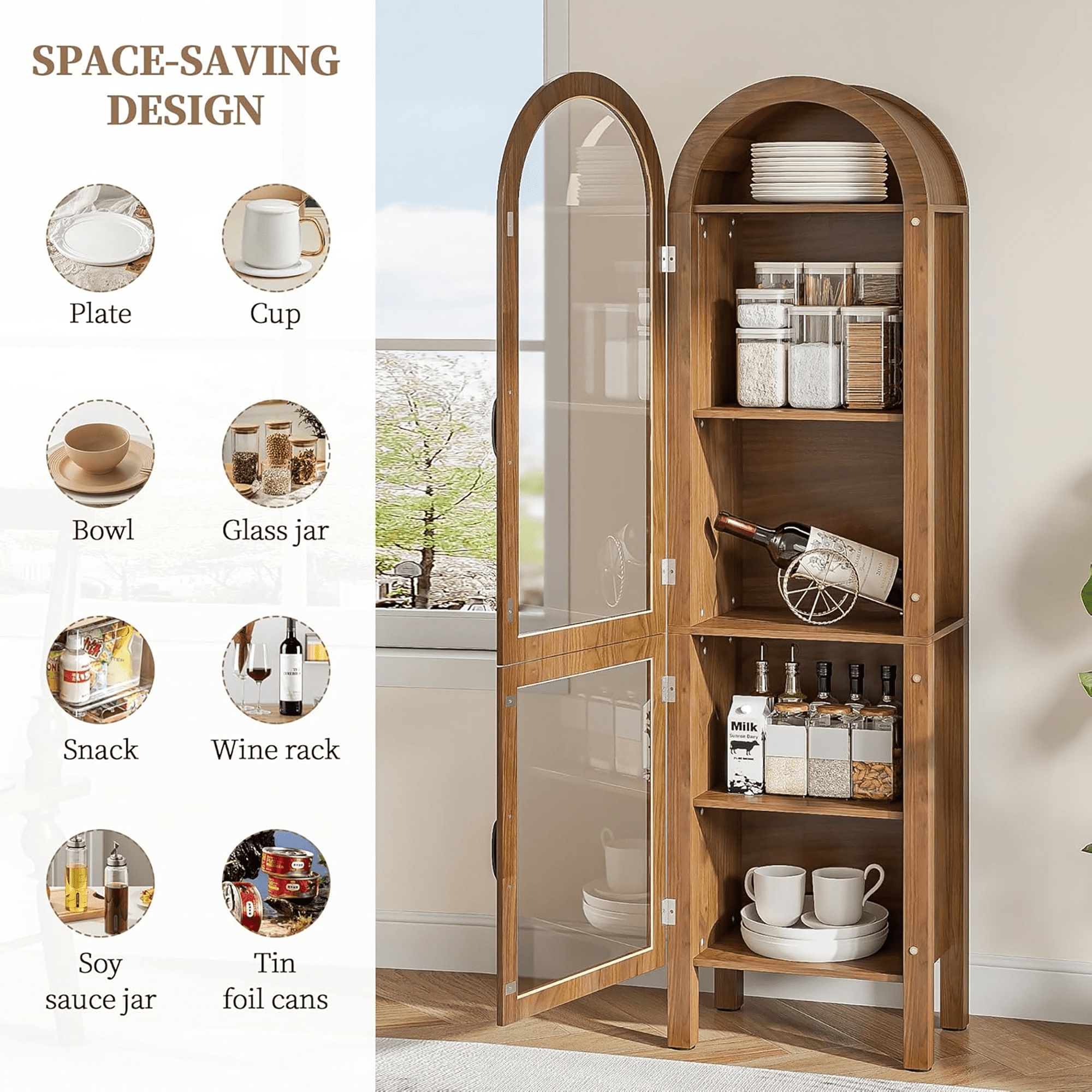 Tall Arched Storage Display Cabinet 5-Shelf with Acrylic Glass Doors, Kitchen Pantry Storage Cabinet Accent Cabinet Bookcase for Living Dining Room