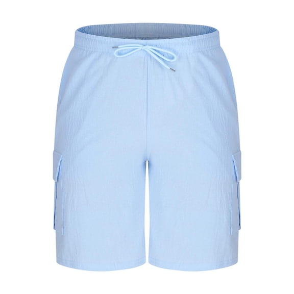 Yaoyar Men's Fashion Linen Like Summer Casual Solid Color Pocket Drawstring Elastic Waist Knee-Length Trousers Lounge Shorts,Light Blue,S