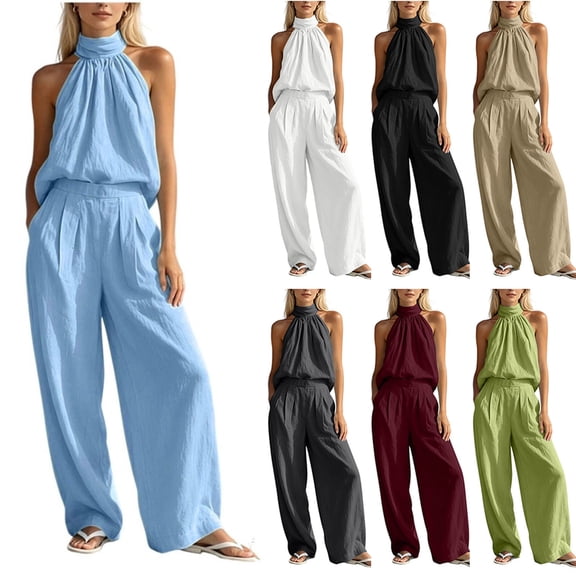 Womens Solid Color 2 Piece Outfit Set Halter Sleeveless Button Top Pocket Elastic Waist Wide Leg Pants Casual Vacation Matching Suit Light Blue XL(XL)