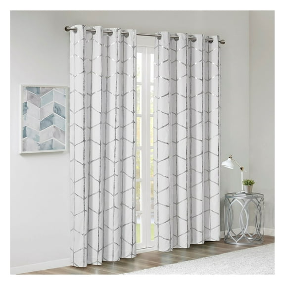 Total Blackout Metallic Print Grommet Top Curtain Panel(Only 1 Pc Panel) White Silver   Polyester