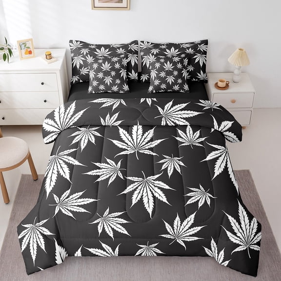 Erosebridal White Leaves Bedding Sets Twin Size,Botanical Plants Comforter Sets with Sheets,Tree Leaves Bed in a Bag Twin size,Breathable Botanical Room Decoration,Reversible,7pcs