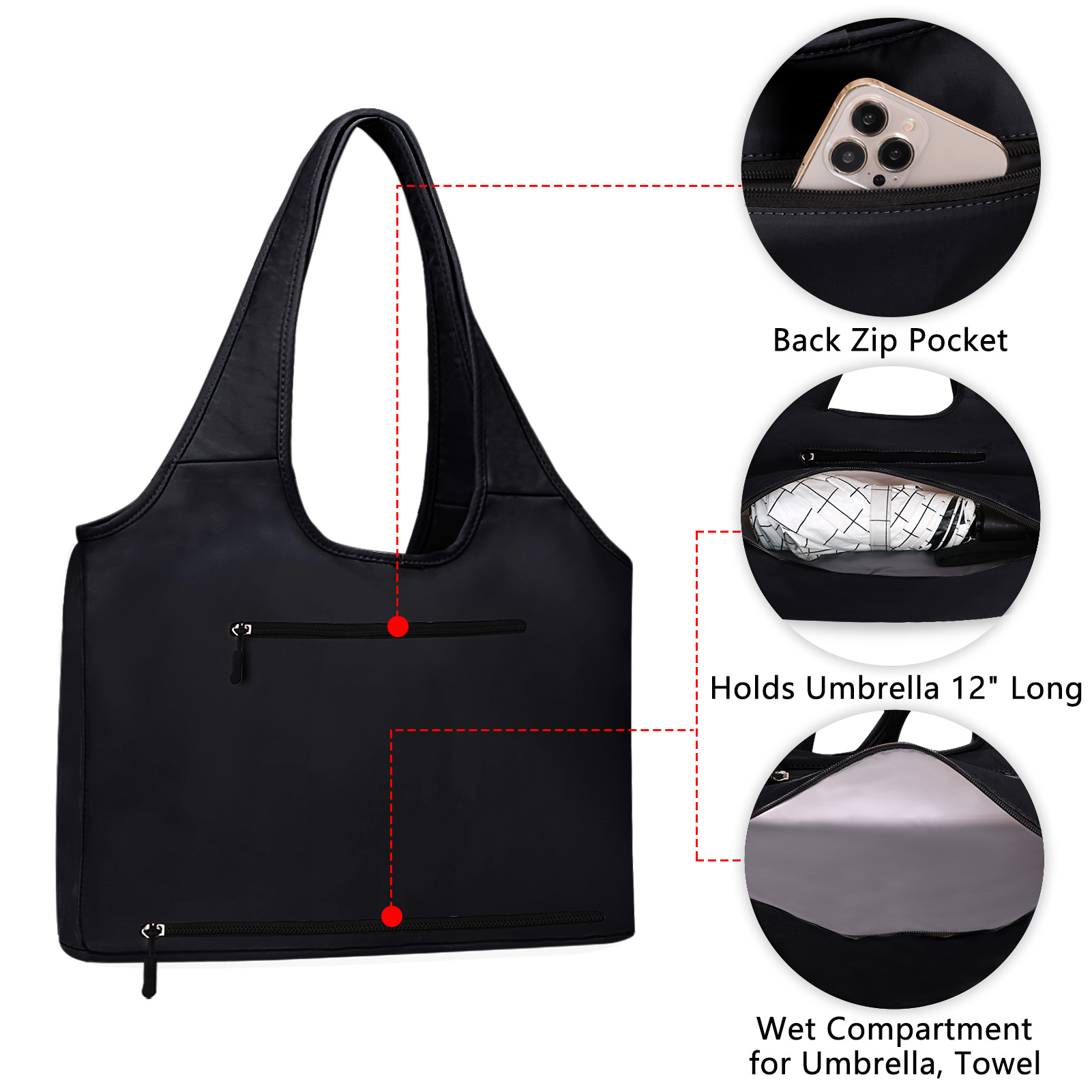 HAWEE Utility Shoulder Bag for Women Black Tote Purse with Wet Umbrella Pocket and Water Bottle Pocket Fits 13.3” Laptop