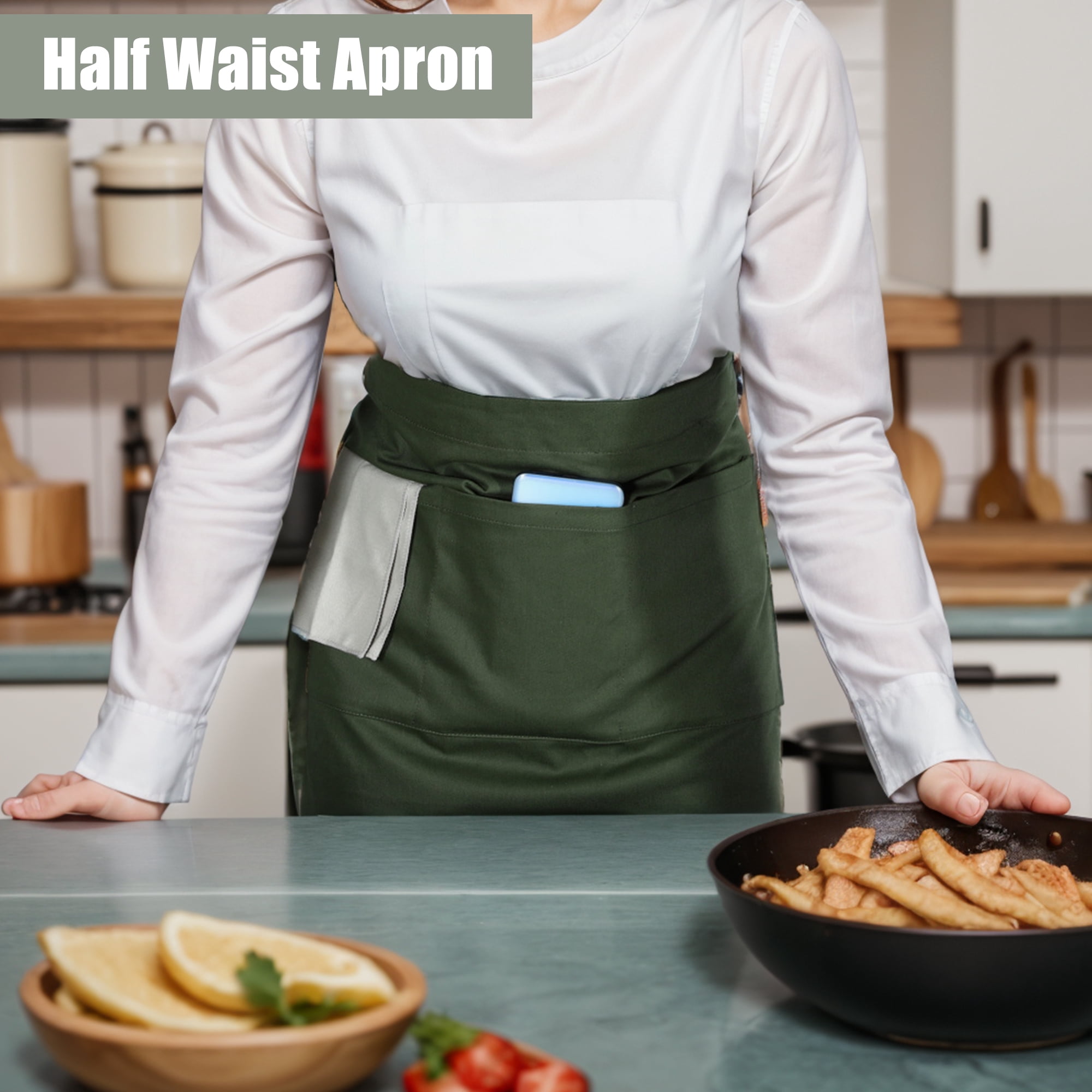 Unique Bargains Serving Cooking Versatile Waist Apron with Pockets Army Green