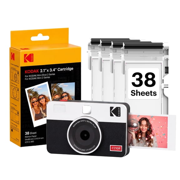 KODAK Mini Shot 2 Retro 4PASS 2-in-1 Instant Camera and Photo Printer (2.1x3.4 inches) 38 Sheets Bundle, White