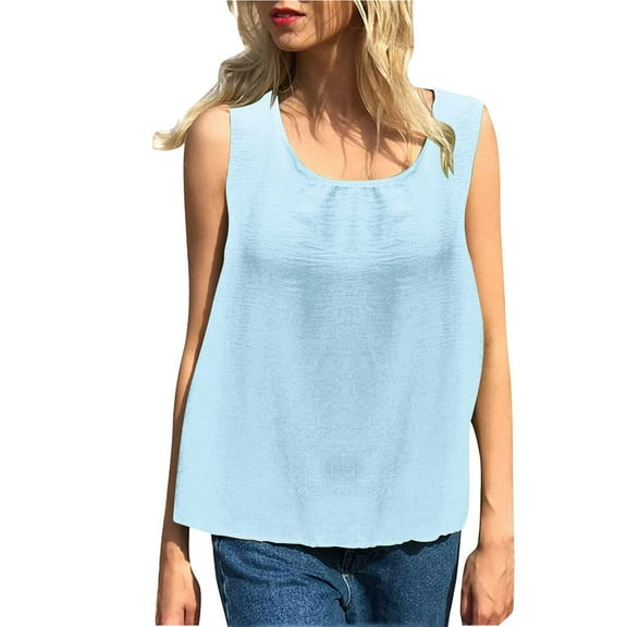 Womens Cotton Linen Tank Tops, Sleeveless Shirts for Women Summer Casual Solid Color Crewneck Dressy Blouses