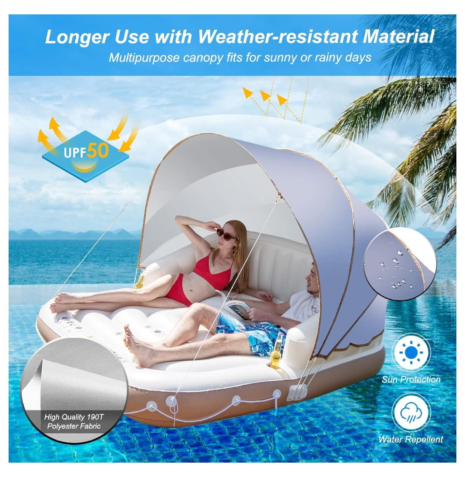 2-3 Person Inflatable Pool Float, 71”x71” Giant Inflatable Island Bed with UPF50 Retractable Canopy & Built-in Cup Holder, Load 440LBS, Blow-up Floating Lounge Island for Pool Lake Beach