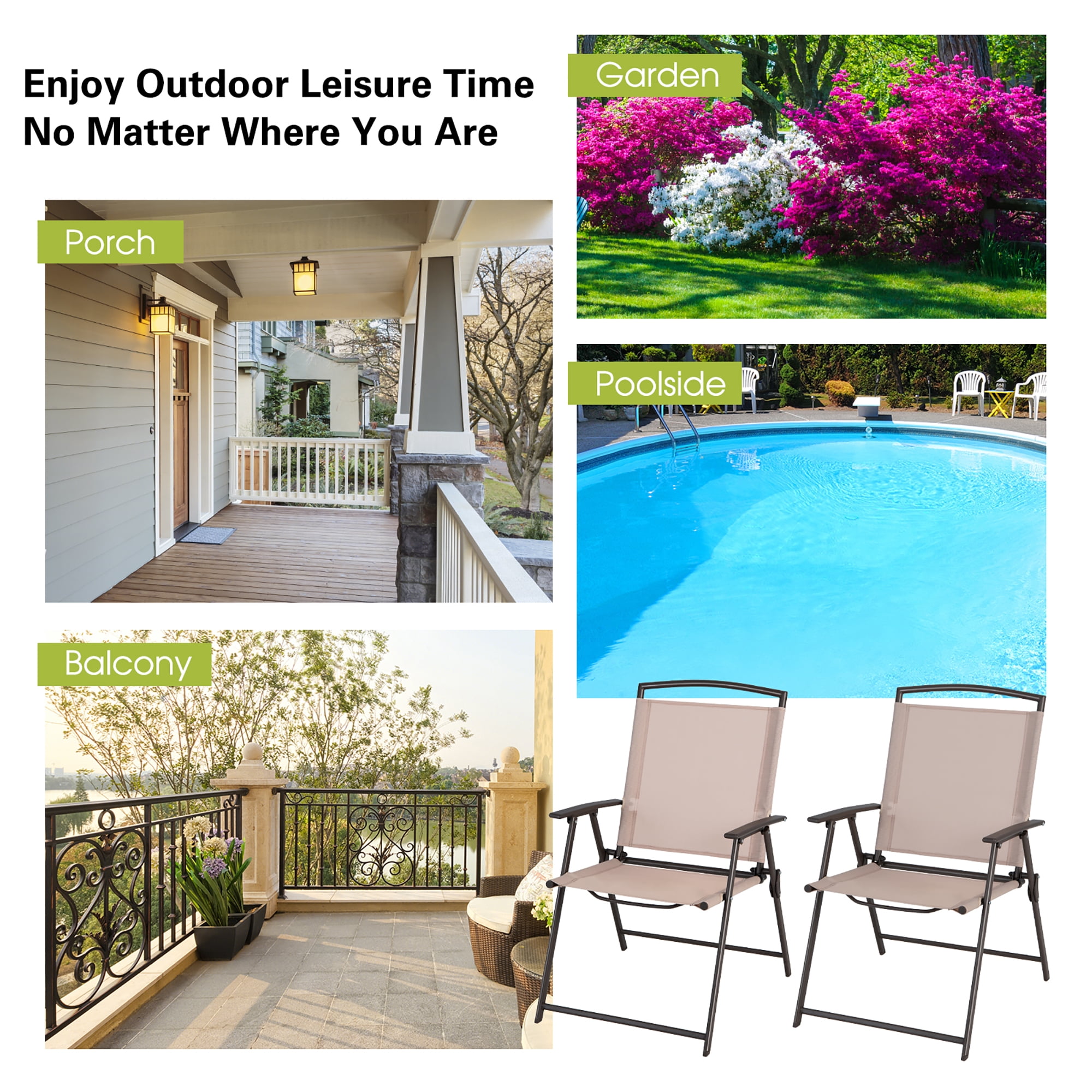 Costway 4 pcs Patio Folding Sling Dining Chairs Armrests Steel Frame Outdoor Beige