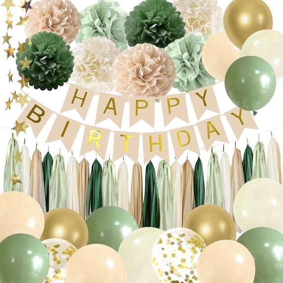Sage Green Birthday Party Decorations Set for Women, Happy Birthday Banner Tissue Pompoms Paper Tassel Circle Garland Star Garland Ribbon Balloons Kit