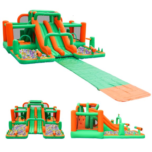 Water Slide Park Bounce House Inflatable Castle Backyard Waterfall Waves Mega with 2 Slides, 2 Water Sprays, Ball Pit Pool, 2 Bodyboards, Slip Slide, Huge Tunnel for Kids Dry & Wet