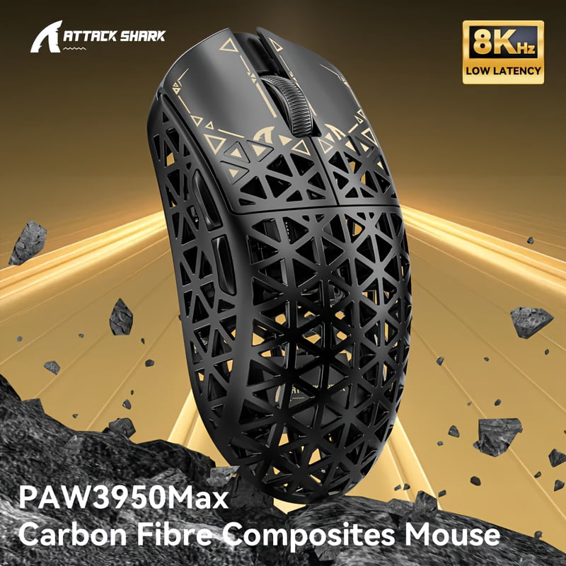 ATTACK SHARK R5 Ultra Carbon Fiber Wireless 8K PixArt PAW3950MAX Gaming Mouse with 8K Coiled Cable,39g SUPERLIGHT, 8K Hz Wireless Polling Rate, MCU Nodic 52840, DPI up to 42000, BT/2.4G Wireless/Wired