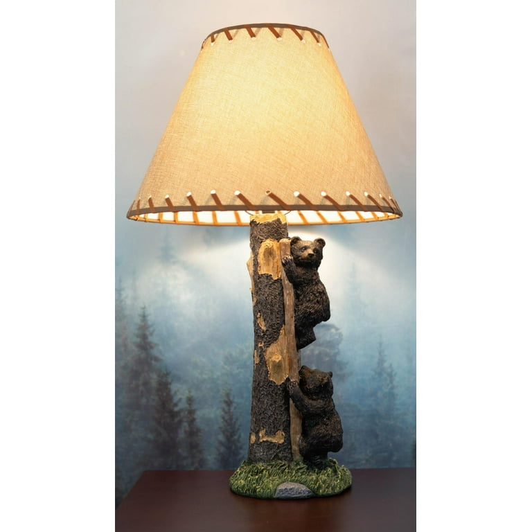 Rustic Forest 2 Bear Cubs Climbing Tree Ladder Table Lamp Statue with Shade  23