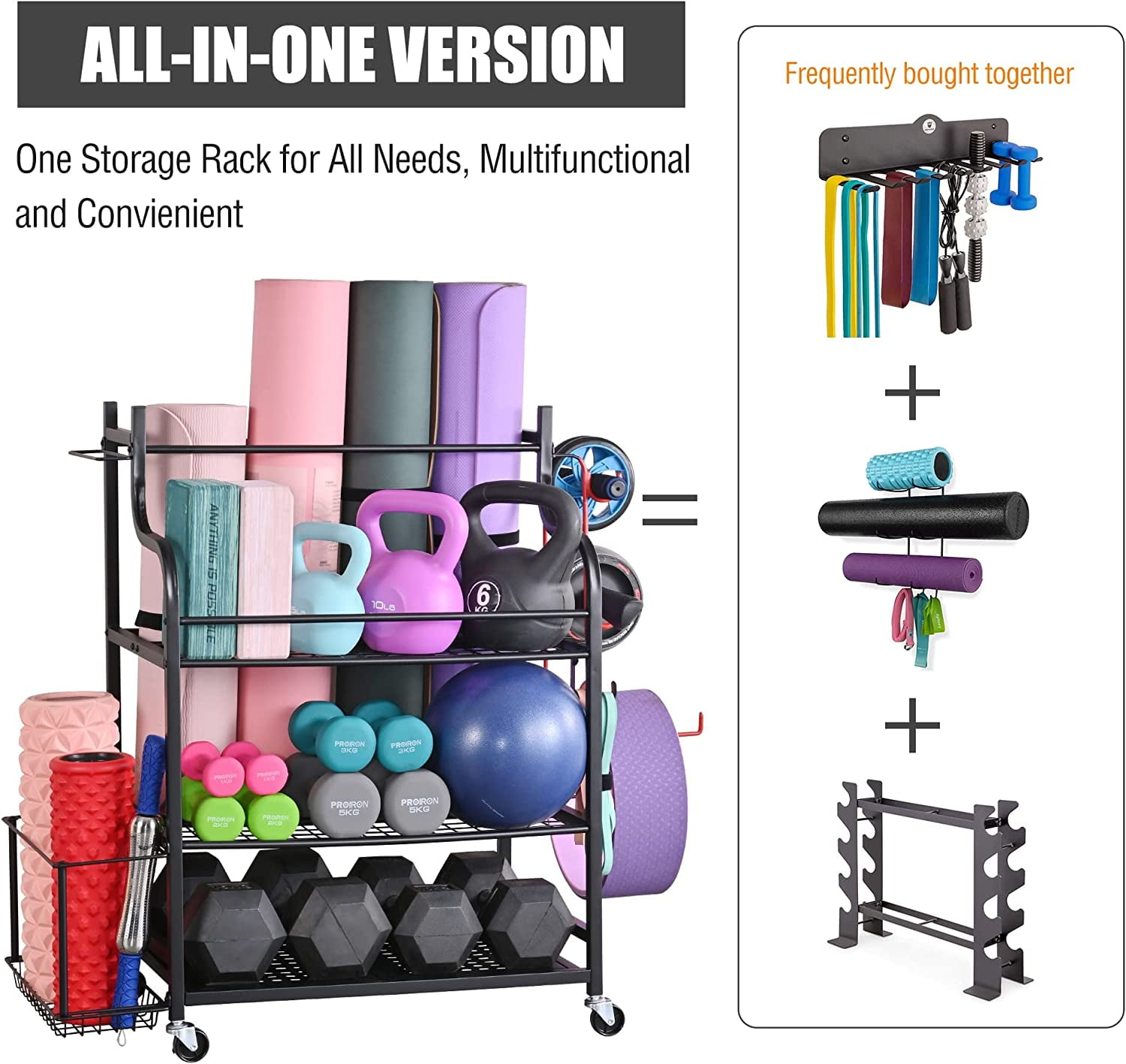 Mythinglogic Yoga Mat Storage Racks,Home Gym Storage Rack for Dumbbells Kettlebells Foam Roller, Yoga Strap and Resistance Bands, Workout Equipment Storage Organizer With Hooks and Wheels