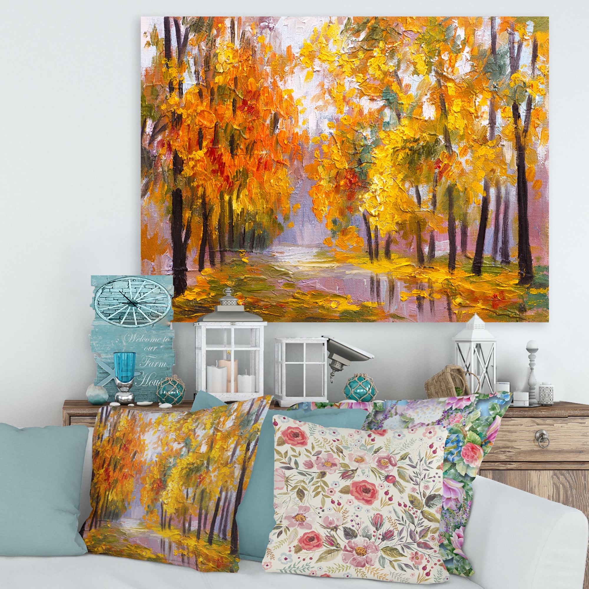 Designart ' Forest Full Of Fallen Leaves In Autumn Along River ' Lake House Canvas Wall Art Print