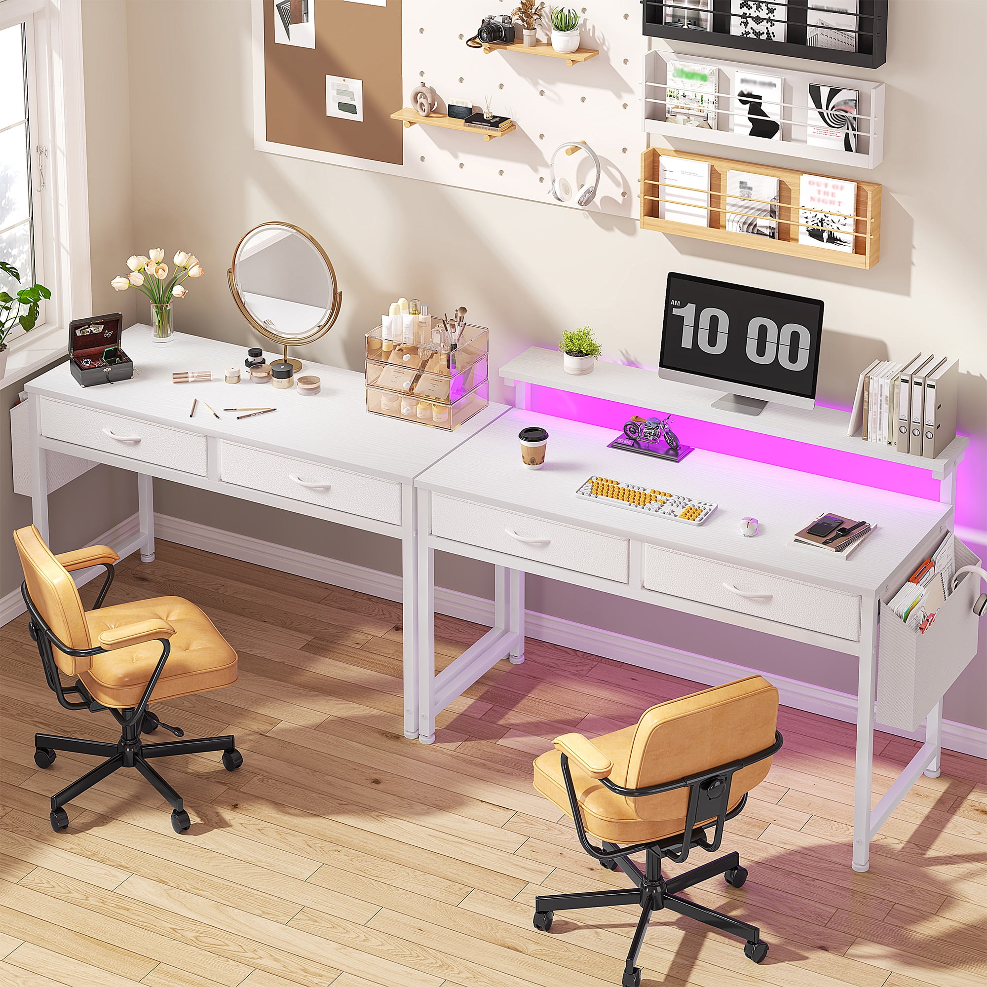 Romorgniz Computer Desk with LED Lights, 2 Fabric Drawers & Side Pocket, Small Desk with Monitor Stand for Home Office, Gaming, Small Spaces, White