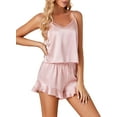 thumbnail image 3 of Ensemble de Pyjamas en Satin 3 Pcs pour Femmes, Haut Cami et Shorts, Vêtements de Nuit avec Robe, Rose, 3 of 5