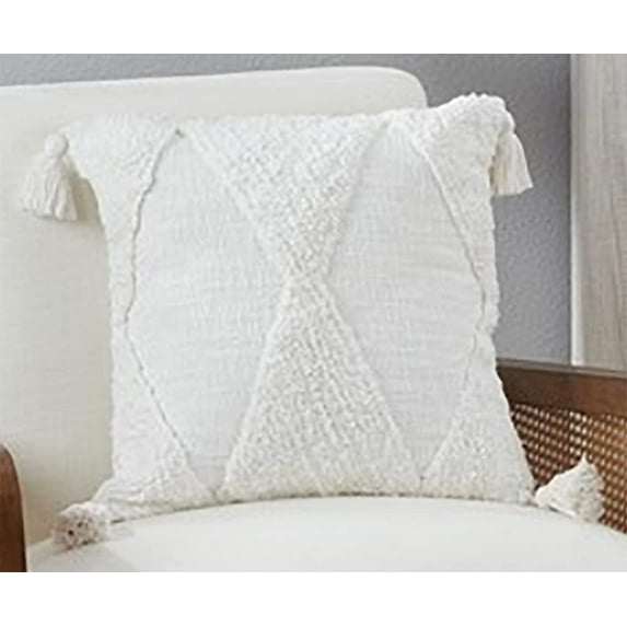 Fennco Styles Solid Tufted Diamond Cotton Decorative Throw Pillow Cover 18" W x 18 "L - Ivory Tassel Cushion Case for Home, Couch, Living Room, Bedroom, Office and Holiday Décor