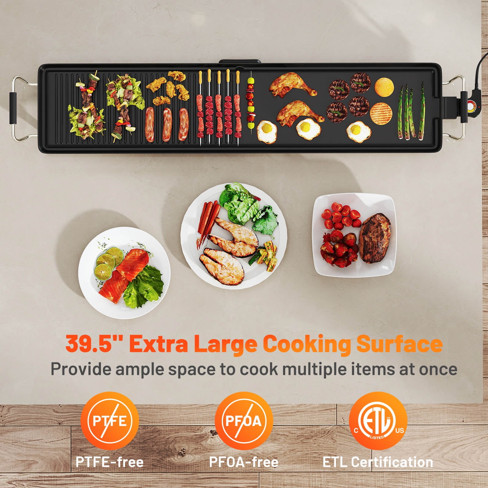 Costway 39.5" Extra Large Electric Teppanyaki Grill with 2 Cooking Surface Adjustable Temperatures and Drip Tray