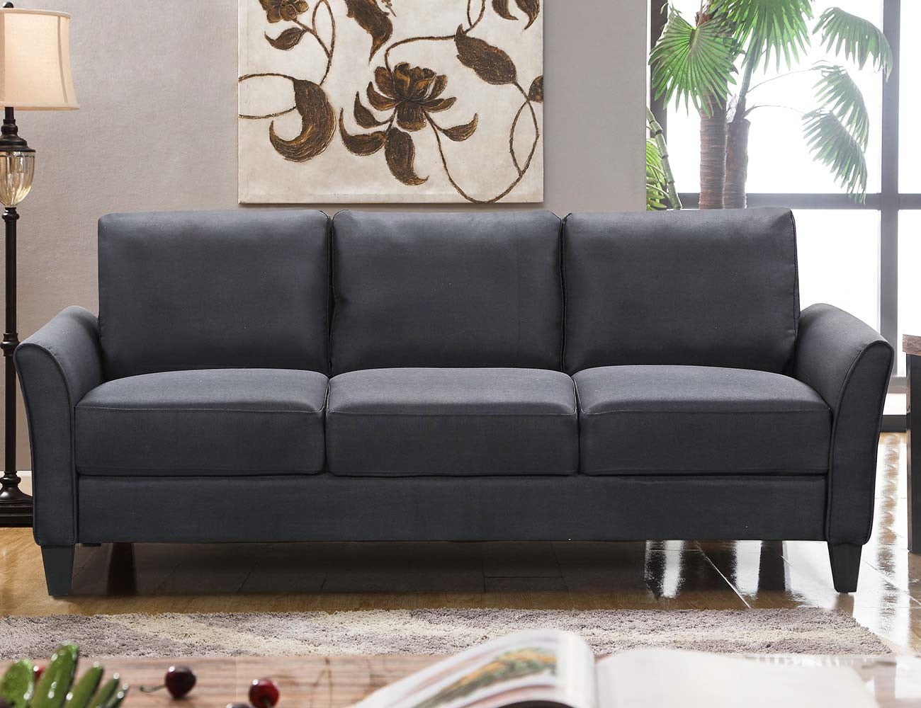 Kadyn Modern 3-Seat Apartment Sofas Couch, Upholstered Sofa with Wood Legs, Futon Sofa for Living Room, Black