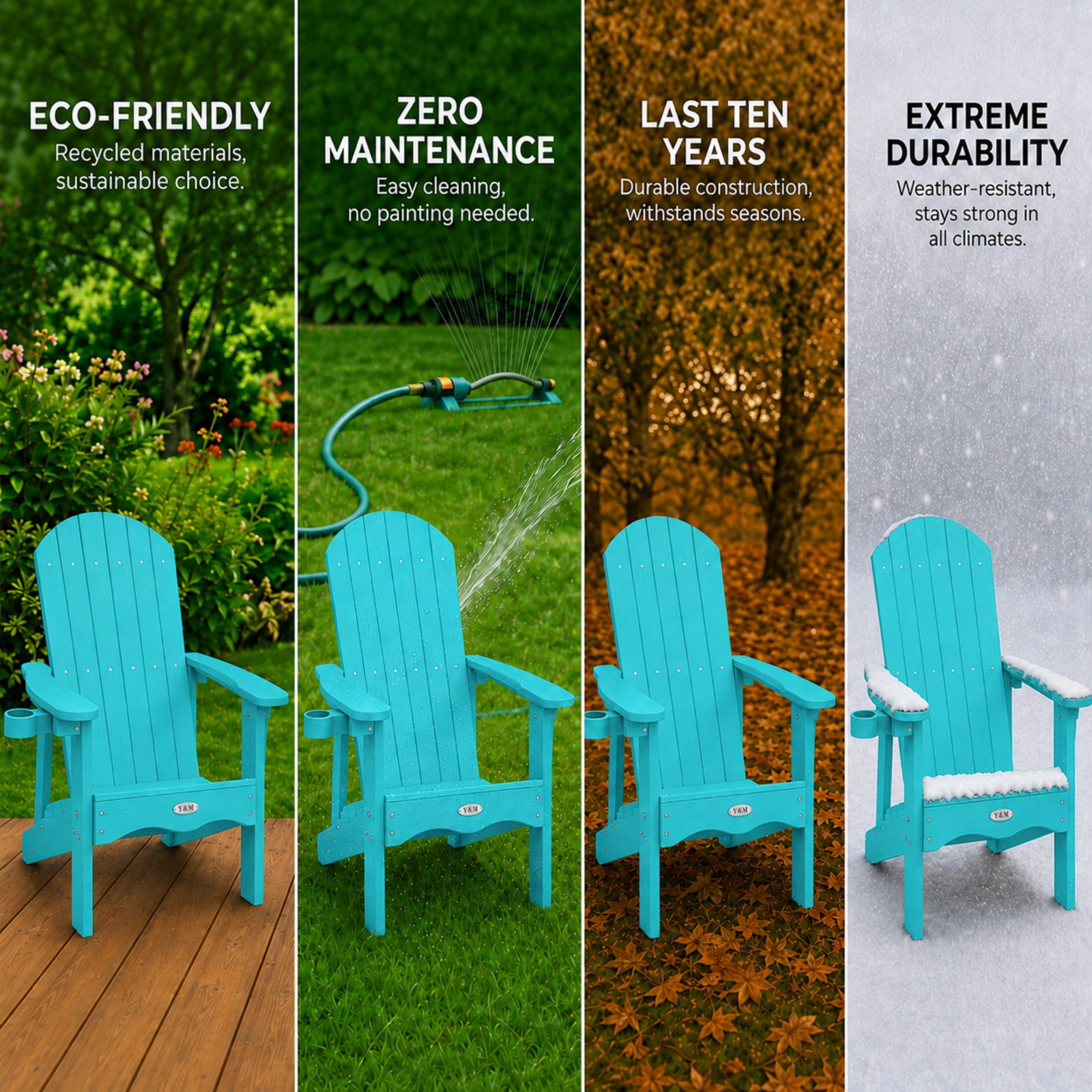 Y&M Adirondack Chair, HDPE Weather Resistant Outdoor Chair with Cup Holder, Aruba Blue