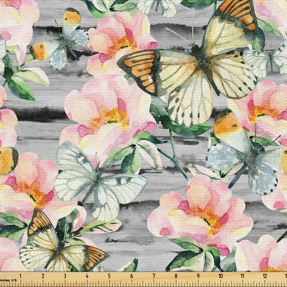 Ambesonne Floral Fabric by the Yard, Art of Pastel Spring Flowers, 1 Yard, Grey and Multicolor