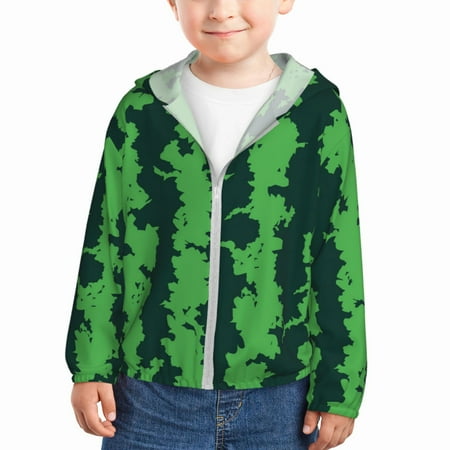 

Qekee Green Stripes Of Watermelon Print UPF 50+ Kids Sun-Protective Hooded Long Sleeve Rash Guard for Fishing Water Beach Sports -2 Years