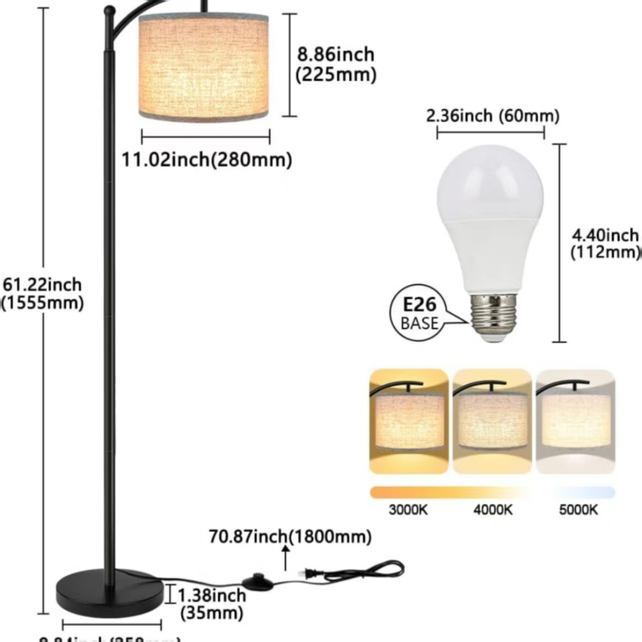 Floor Lamp for Living Room,LED Standing Lamp Tall Industrial Floor Lamp Reading for Bedroom, Office (9W, Beige Lampshade Included) -Black