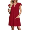 thumbnail image 5 of TEAJOPSUU Women's Casual A-Line Dresses with Pockets Cap Sleeve V Neck Mini Tshirt Dresses Flowy Sundress Red, 5 of 6
