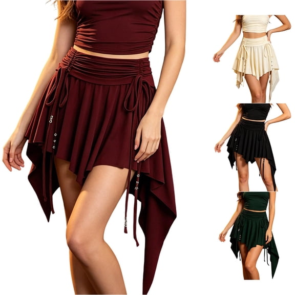 Unir Women Drawstring Pleated Asymmetrical Mini Skirt Y2K Solid Twill Pirate Casual Bottom 1PC S-XXL Plus Size Friendly