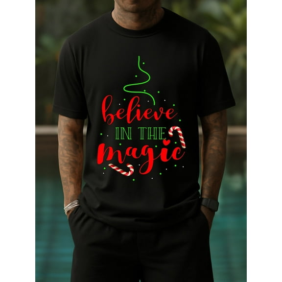 Believe in Magic Christmas funny t shirts plain men 180G 100% Cotton black Regular Fit, Everyday Comfort, Comfortable Casualwear, Urban Style, Daily and weekend wear Wearable year-round glitter eleg