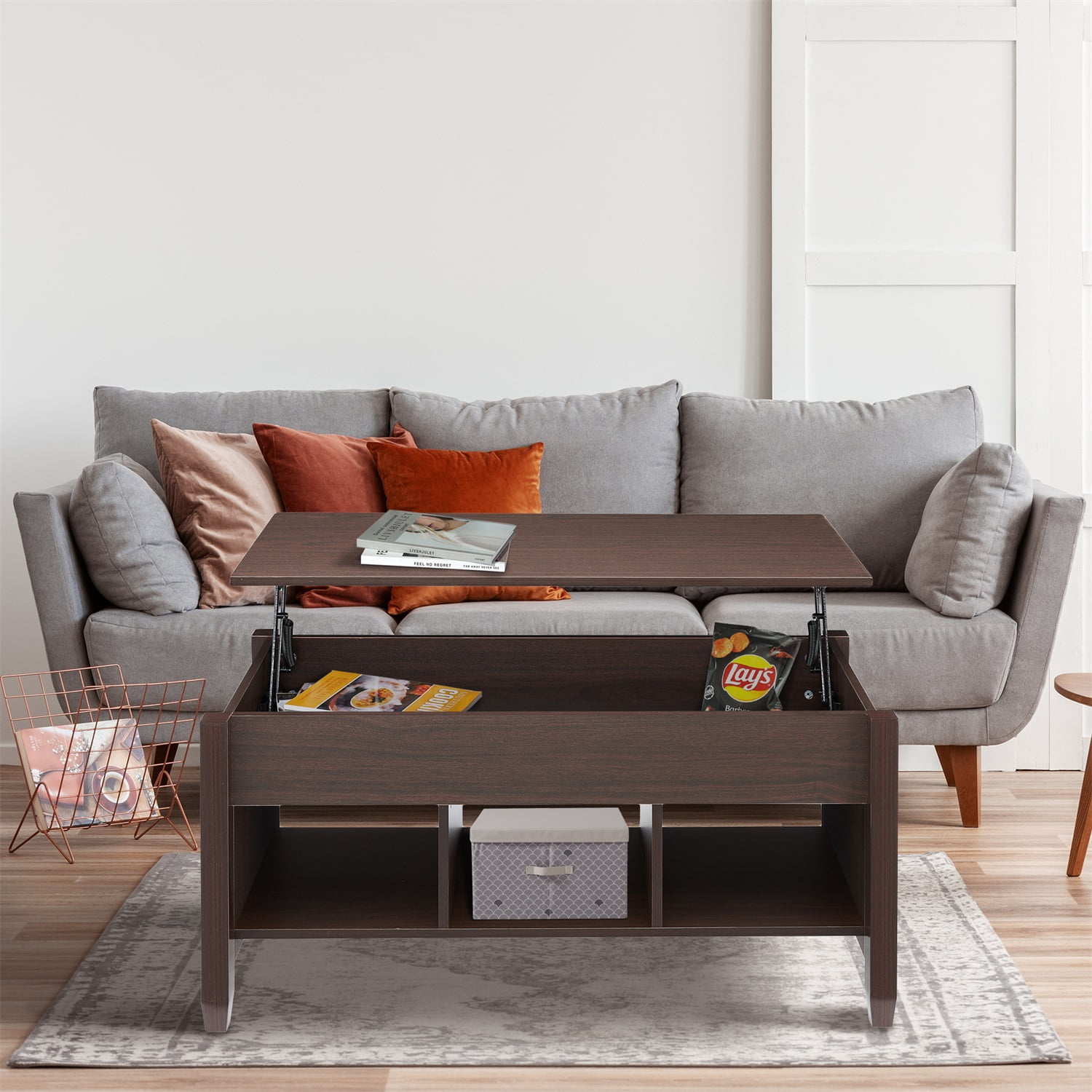 Kadyn Modern Lift Top Coffee Table with 3 Storage Rooms, Wooden Center Coffee Table with Lifting Top, Living Room Table for Family, Brown