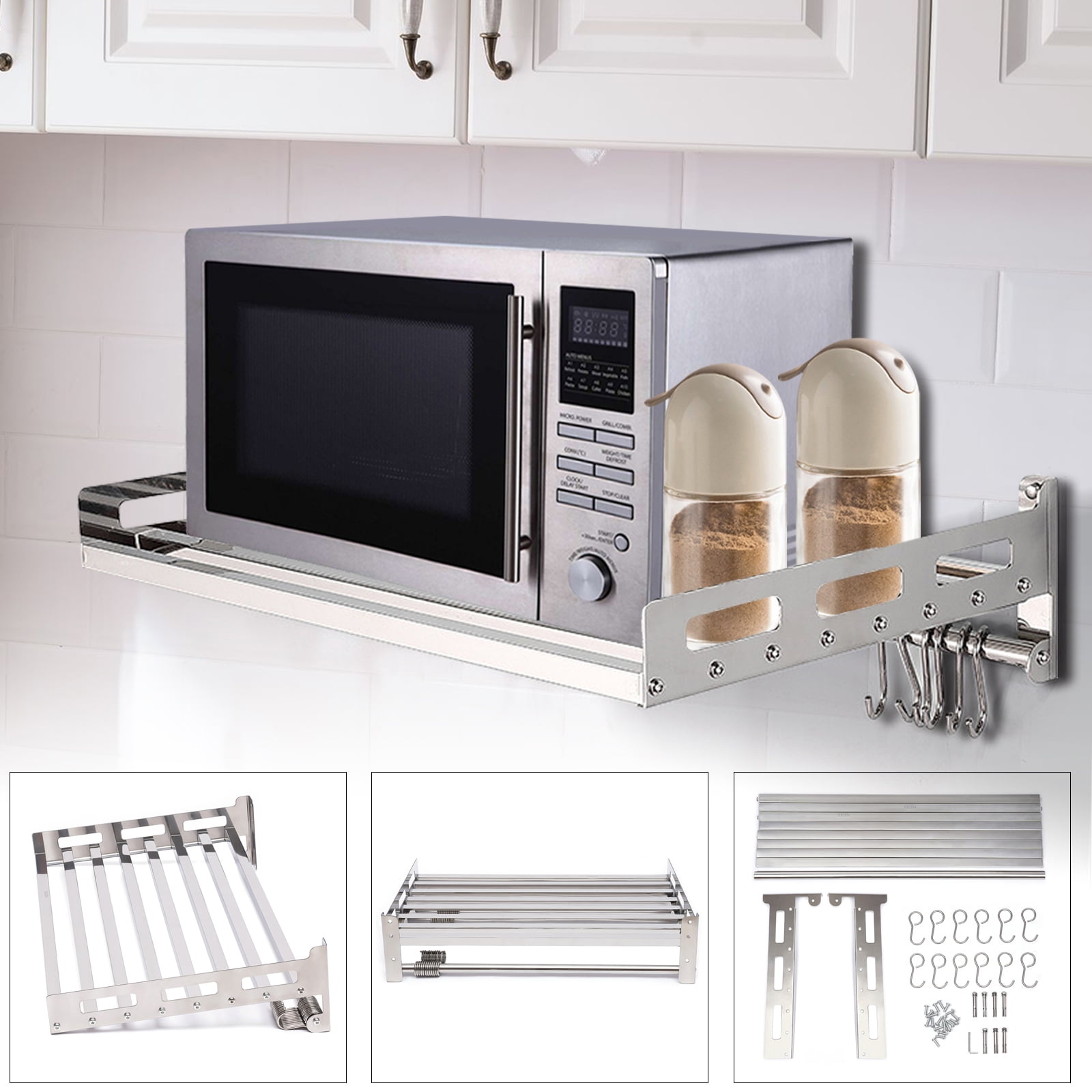Loyalheartdy Wall Mount Microwave Oven Bracket 201 Stainless Steel Wall Seasoning Shelf w/ 12 Hooks for Kitchen (Silver)