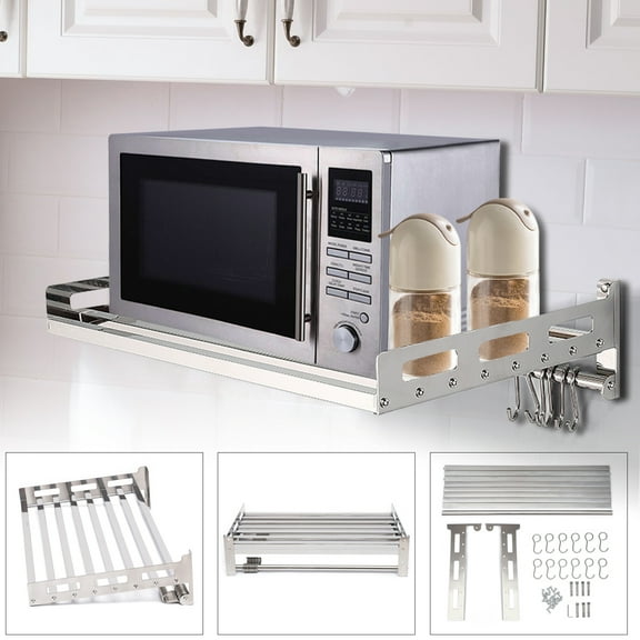 TOOL1SHOoo Microwave Oven Shelf Kitchen Item Storage Bracket Wall Mount W/12Hooks Stainless for Kitchen Utensils  Shelf Organizer for Kitchen Counter Silver